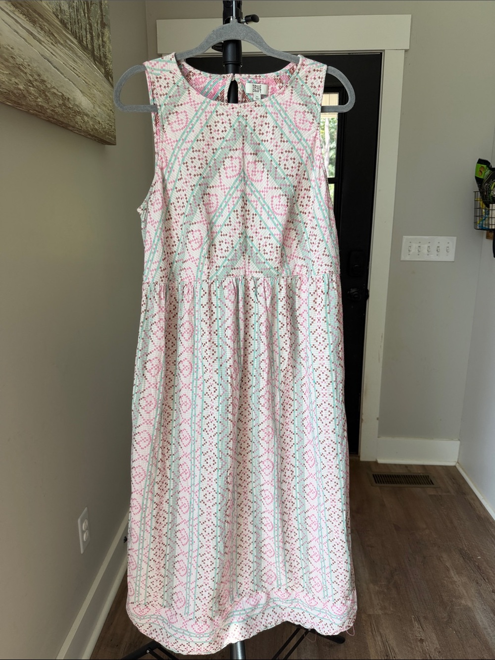 True Craft Sleeveless White Dress with Pink & Mint Pattern